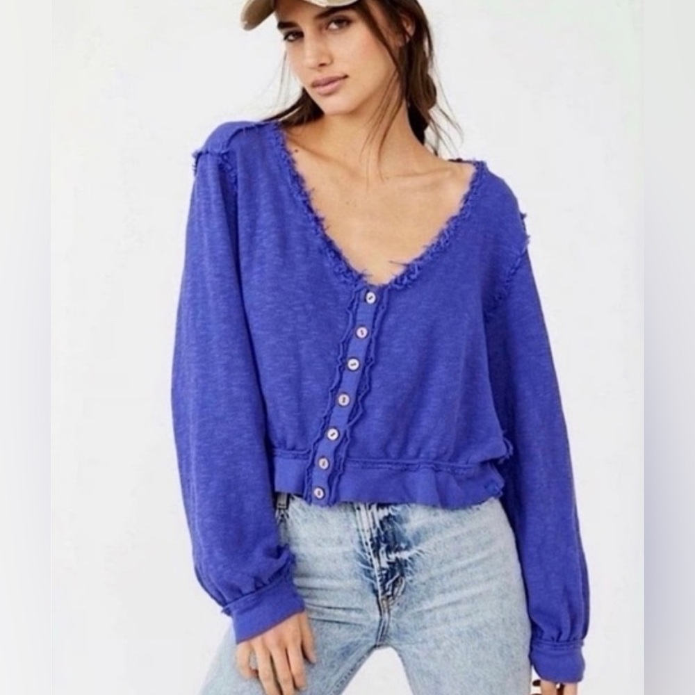 We the Free | Golden Road Ruffled Button-Front Cardigan | Large | ink blue combo